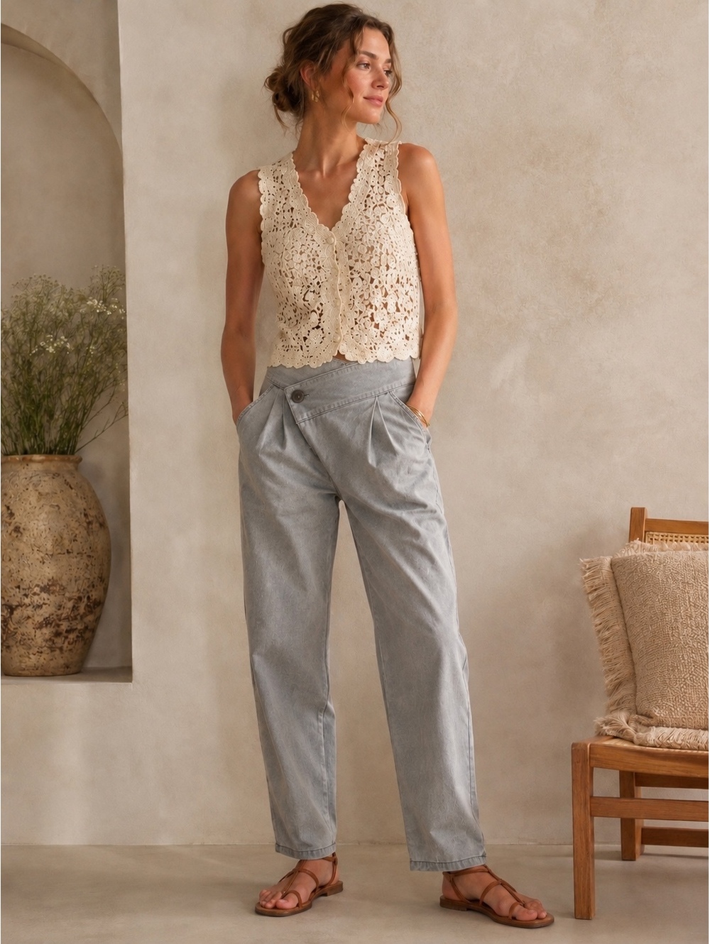 Anthropologie x Burning Torch Pleated Crossover Trousers Cotton Women’s Grey